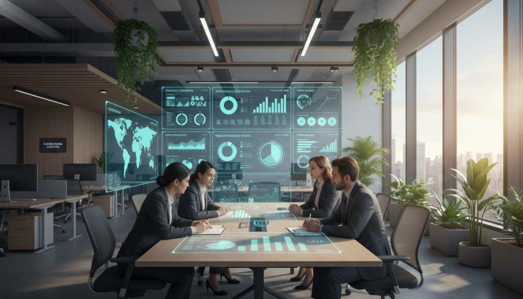 A dynamic and visually engaging office environment showcasing advanced analytics for HR leadership. In the foreground, a diverse group of professionals in smart business attire is gathered around a sleek conference table, analyzing graphs and data on a large screen. The middle layer features a variety of digital dashboards displaying workforce statistics, trend analysis, and performance metrics, illuminated by a soft, natural light streaming in through large windows. In the background, modern office architecture with stylish furniture and greenery adds an inviting atmosphere. The overall mood is collaborative and forward-thinking, highlighting the transformative power of AI in decision-making and workforce planning. The scene is well-composed with a wide-angle lens, capturing an inspiring glimpse into the future of HR analytics.