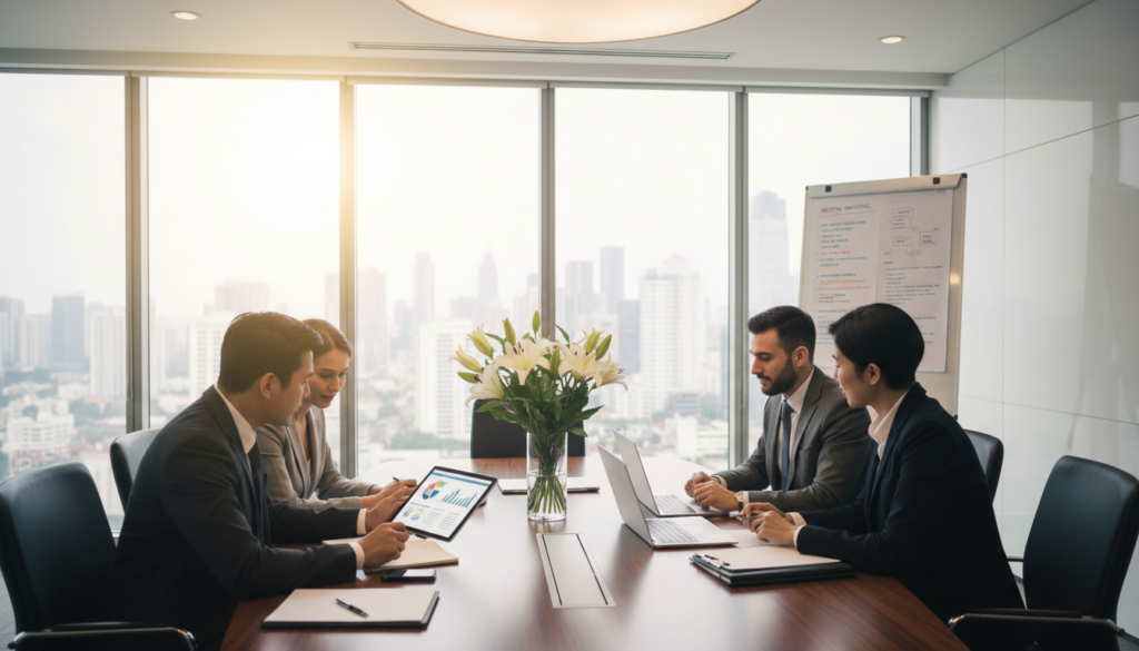 A well-organized office meeting scene set in a modern conference room. In the foreground, a diverse group of three professionals—two men and one woman—are attentively reviewing a digital tablet filled with meeting notes, all dressed in smart business attire. In the middle, a large oval table holds laptops, organized notebooks, and a central flower vase, creating an inviting atmosphere. The background features a large glass window with natural light streaming in, giving a bright and vibrant ambiance. Soft, warm lighting highlights the focus on collaboration and productivity, while a whiteboard filled with meeting objectives is visible, emphasizing the theme of effective meeting preparation and follow-up. The overall mood is professional, focused, and conducive to teamwork. A well-organized office meeting scene set in a modern conference room. In the foreground, a diverse group of three professionals—two men and one woman—are attentively reviewing a digital tablet filled with meeting notes, all dressed in smart business attire. In the middle, a large oval table holds laptops, organized notebooks, and a central flower vase, creating an inviting atmosphere. The background features a large glass window with natural light streaming in, giving a bright and vibrant ambiance. Soft, warm lighting highlights the focus on collaboration and productivity, while a whiteboard filled with meeting objectives is visible, emphasizing the theme of effective meeting preparation and follow-up. The overall mood is professional, focused, and conducive to teamwork.